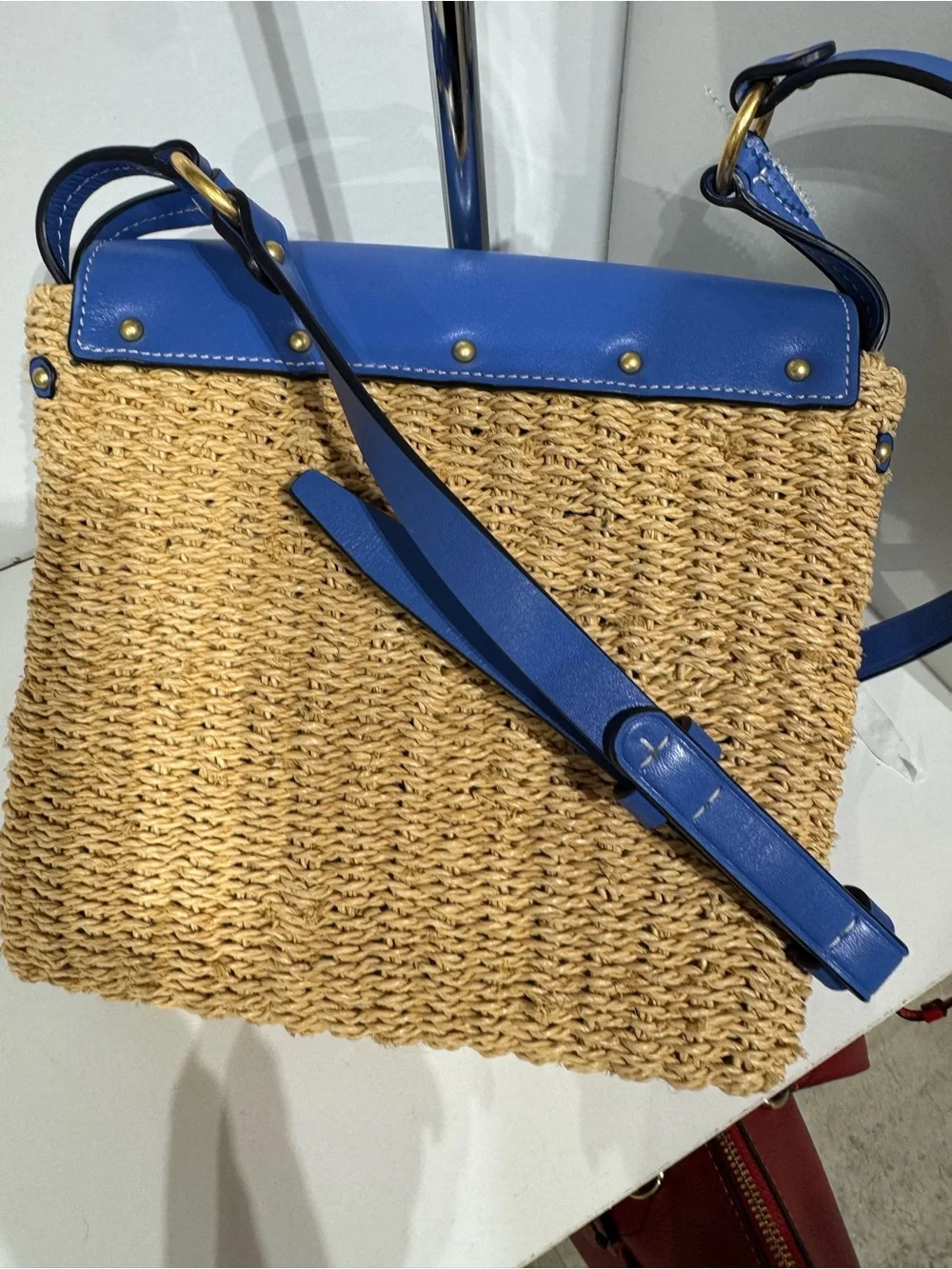 Tory Burch Blue Leather & Woven Straw Crossbody